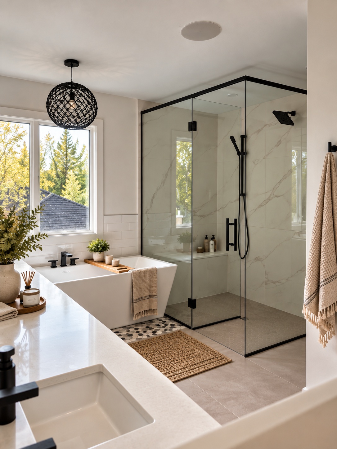 Completed primary bathroom shower and bathtub