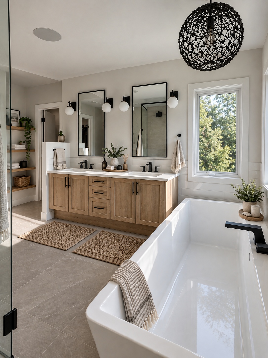 Completed primary bathroom vanity and bathtub