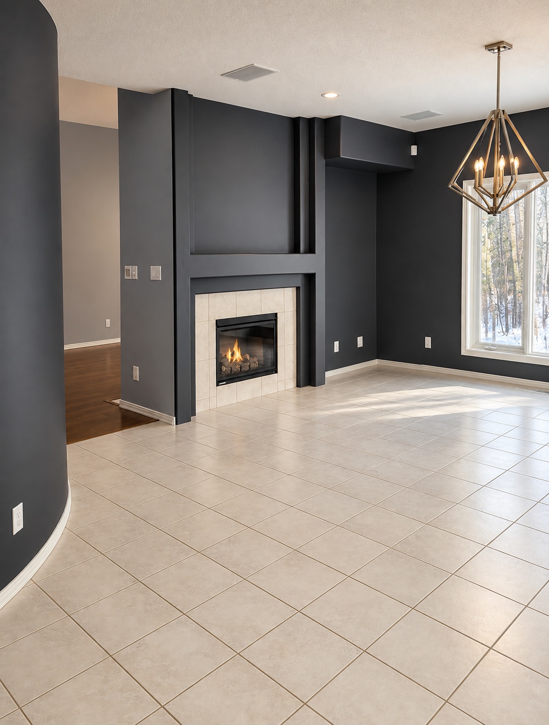 Fireplace and dining area before renovation