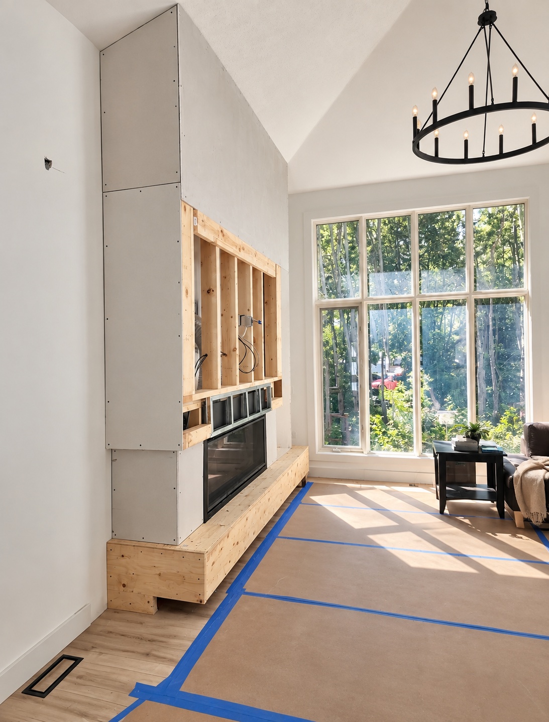 Living room fireplace wall framing progress