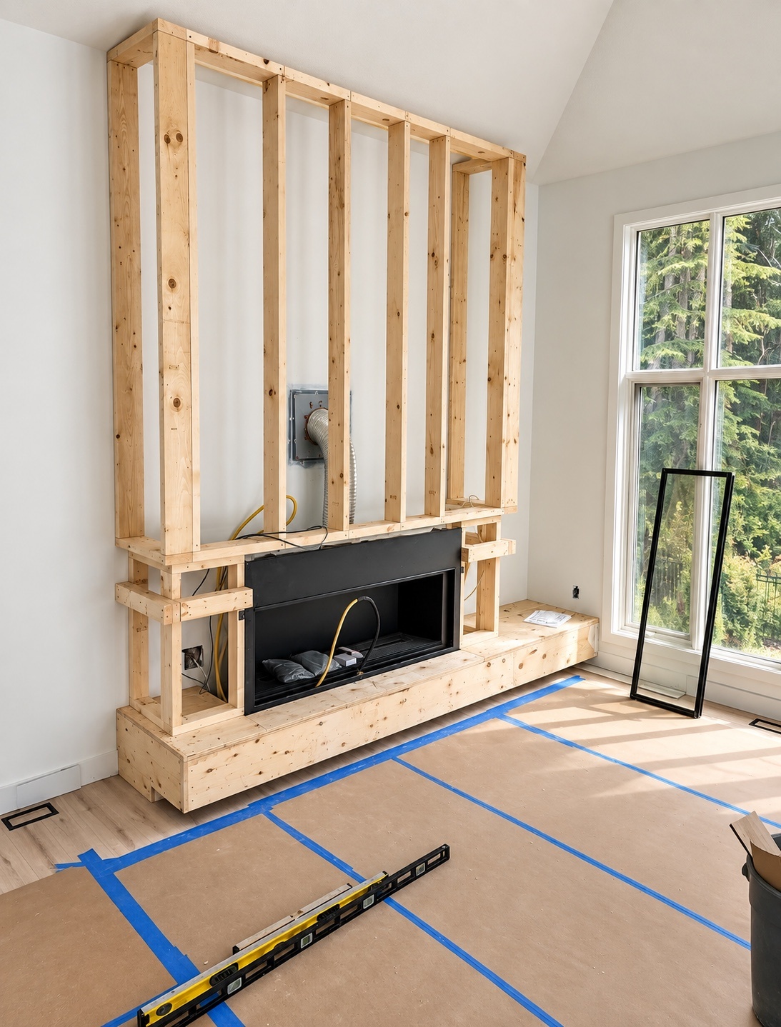 Living room fireplace wall construction progress