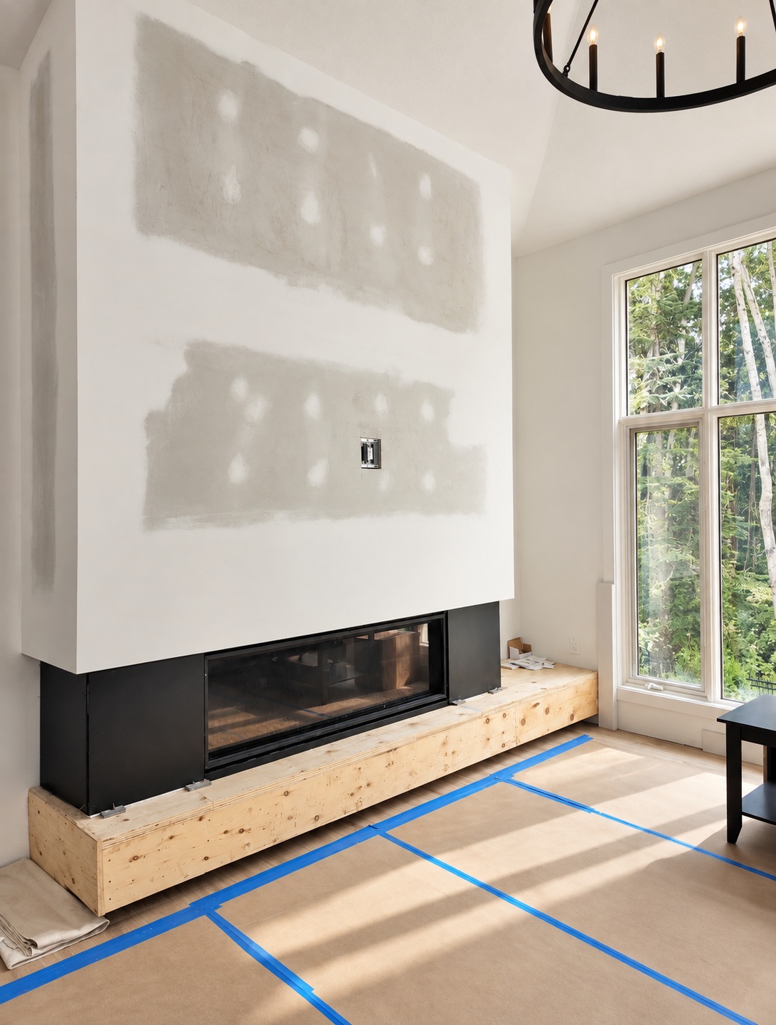 Living room fireplace wall drywall progress