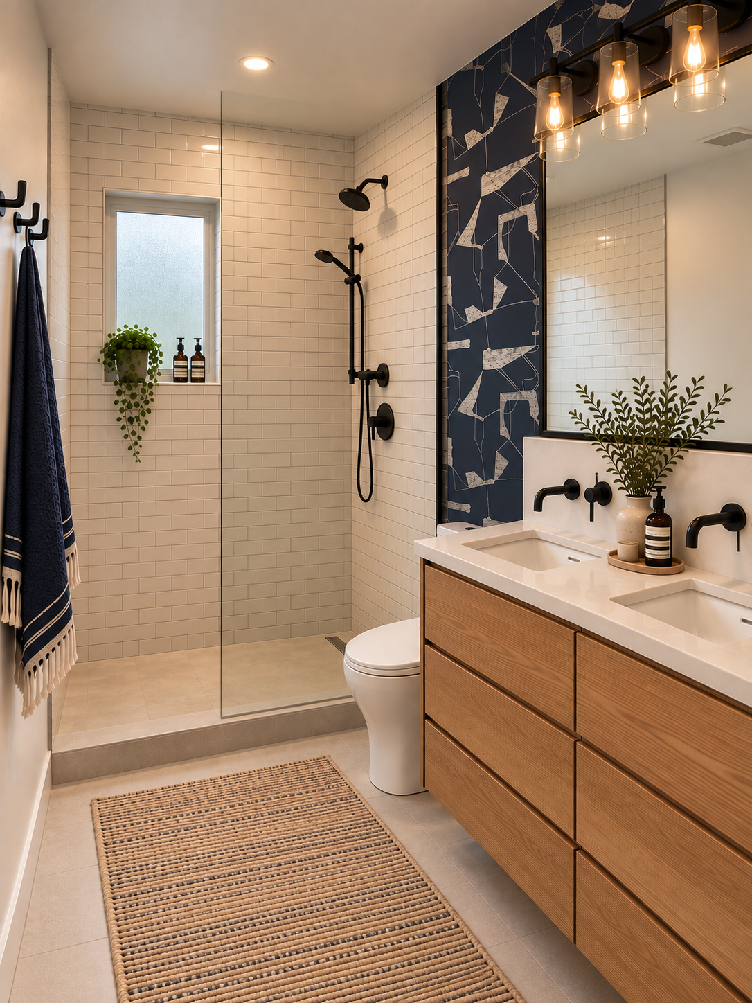 Finished upstairs kids bathroom with double sink walk-in shower and pocket door
