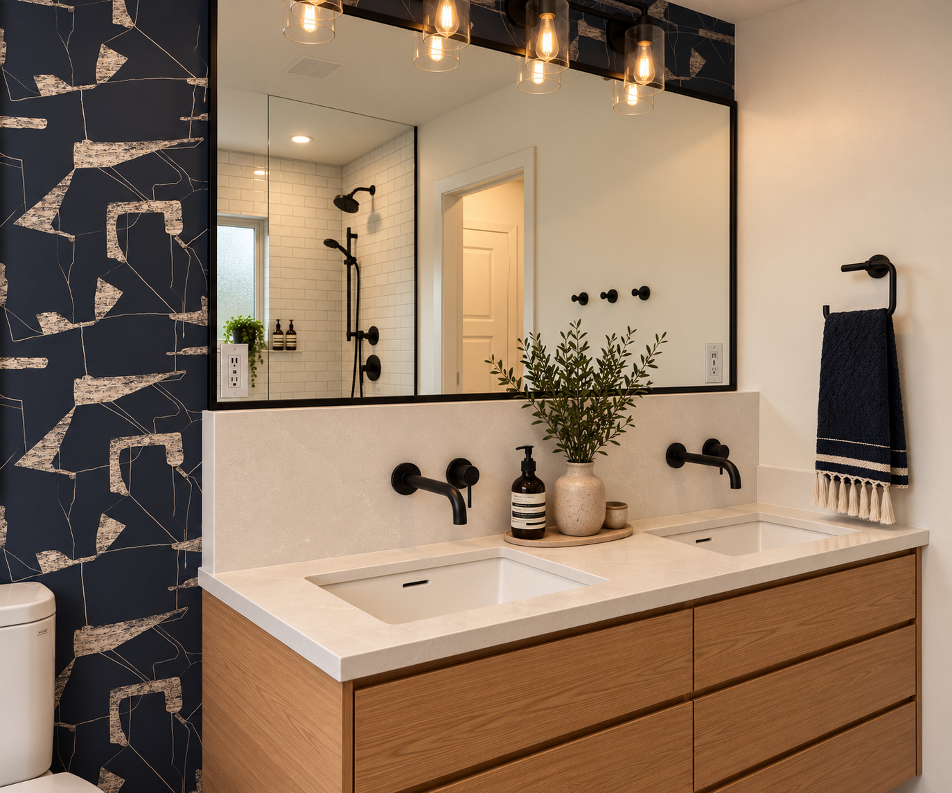 Finished upstairs kids bathroom with double sink walk-in shower and pocket door