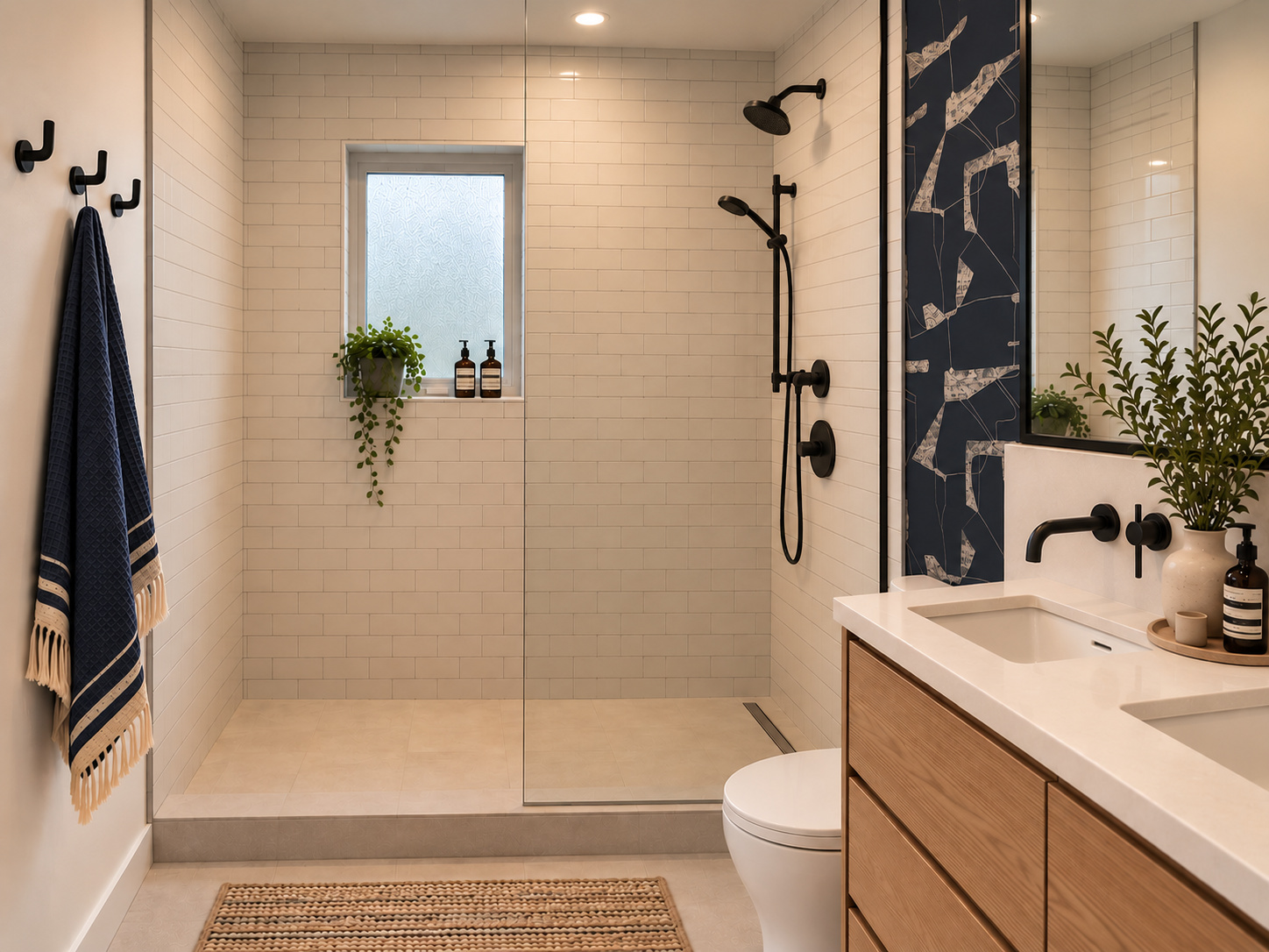 Finished upstairs kids bathroom with double sink walk-in shower and pocket door